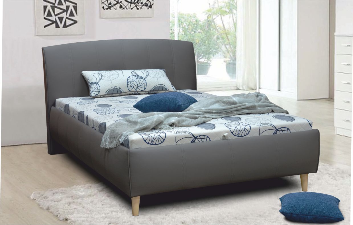 Sivá čalúnená kožená posteľ 140x200 cm